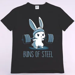 BUNS OF STEEL Rabbit Fitness Funny Gym Rat  Bodybuilding Crewneck T Shirt Men Casual Short Sleeve Oversized TShirt