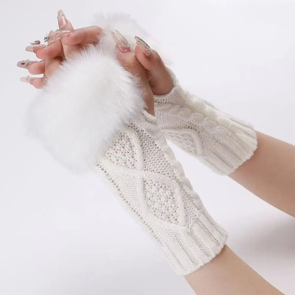 Furry Texture Thick Warm Fingerless Mittens Soft Luxury Solid Knitted Gloves White Color Twist Design Arm Warmers Girls Wear