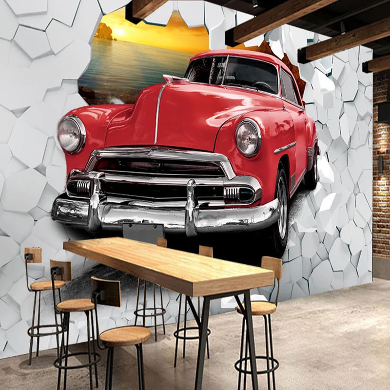 Custom Photo Wallpaper European Retro Car Broken Wall Art 3D Brick Mural Papers Restaurant Bar Background Creative Decoration