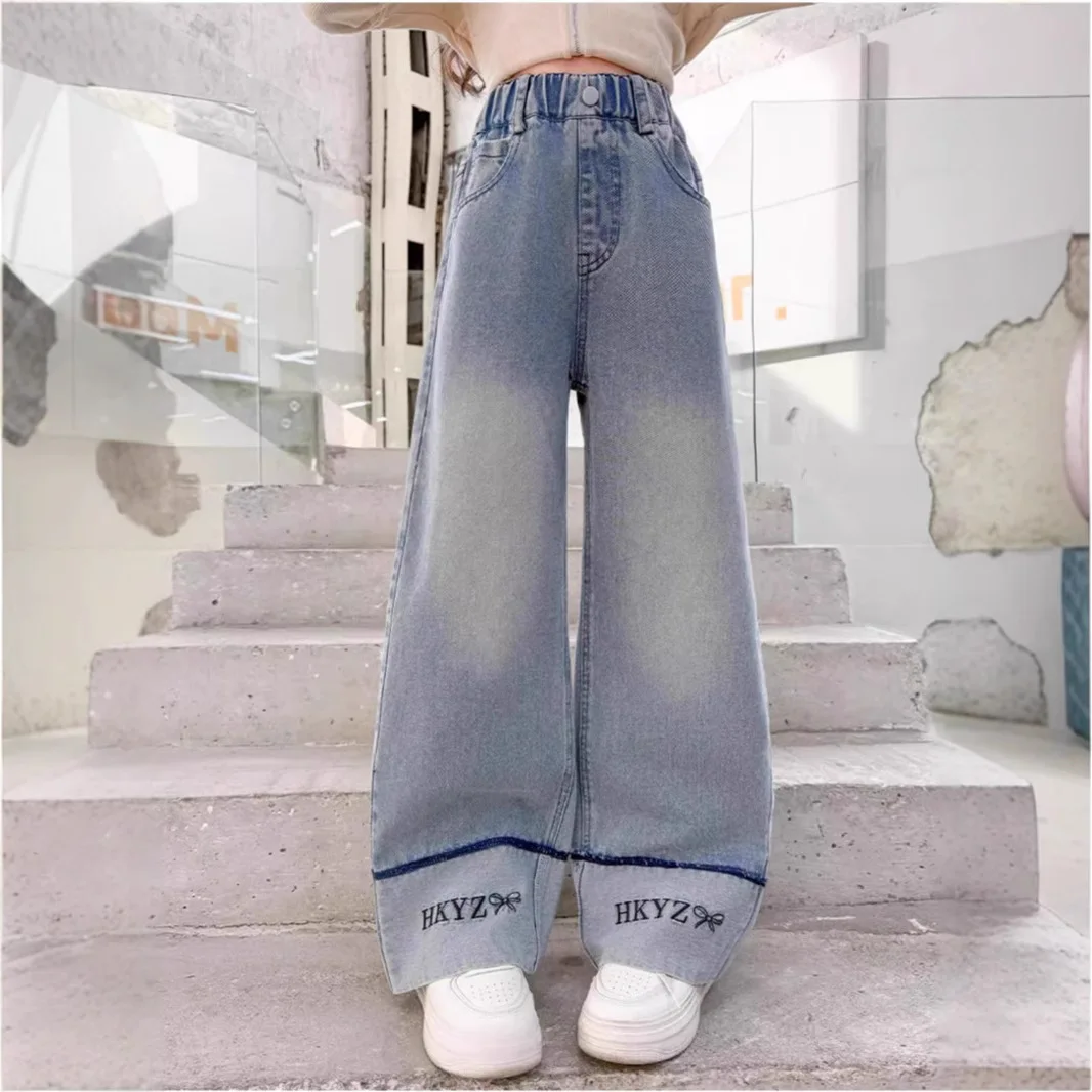 

Осенние джинсы для маленьких девочек, универсальные повседневные детские джинсовые штаны с буквенным принтом для девочек, штаны с эластичной резинкой на талии, штаны для маленьких девочек от 2 до 8 лет