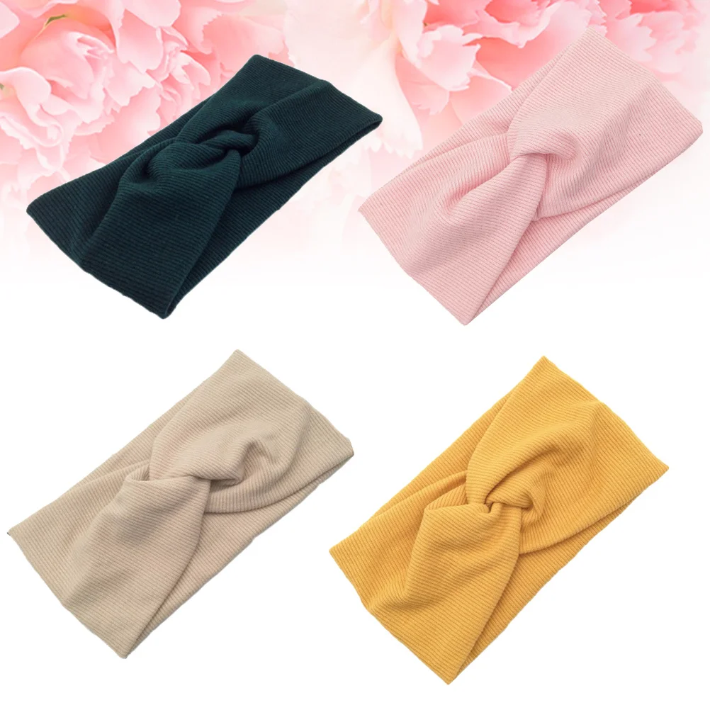 

4Pcs Knot Head Wrap Cotton Headbands for Girls Women Party Daily Life Gift Blackish Beige Pink Cotton Headband