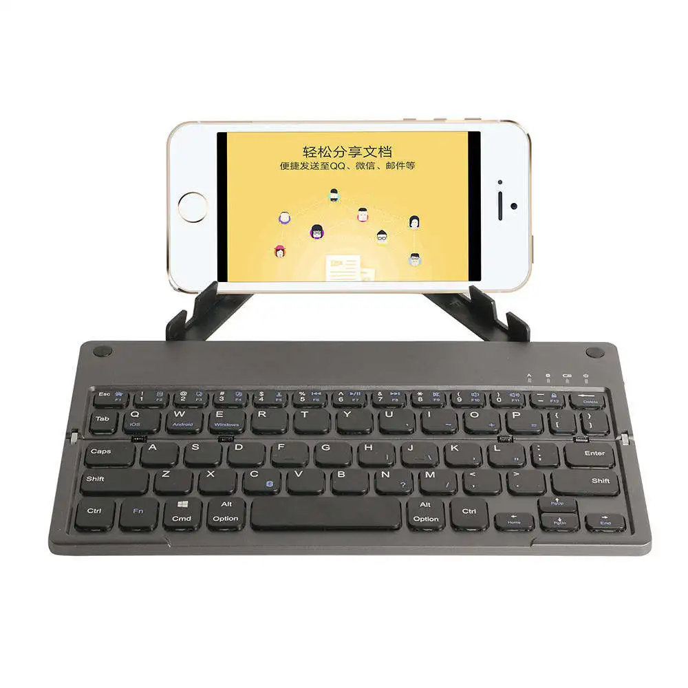 Folding 2-Fold with Bracket for LED Backlit Mini Rechargeable Wireless Keyboard for Mobile Phone Tablet Universal