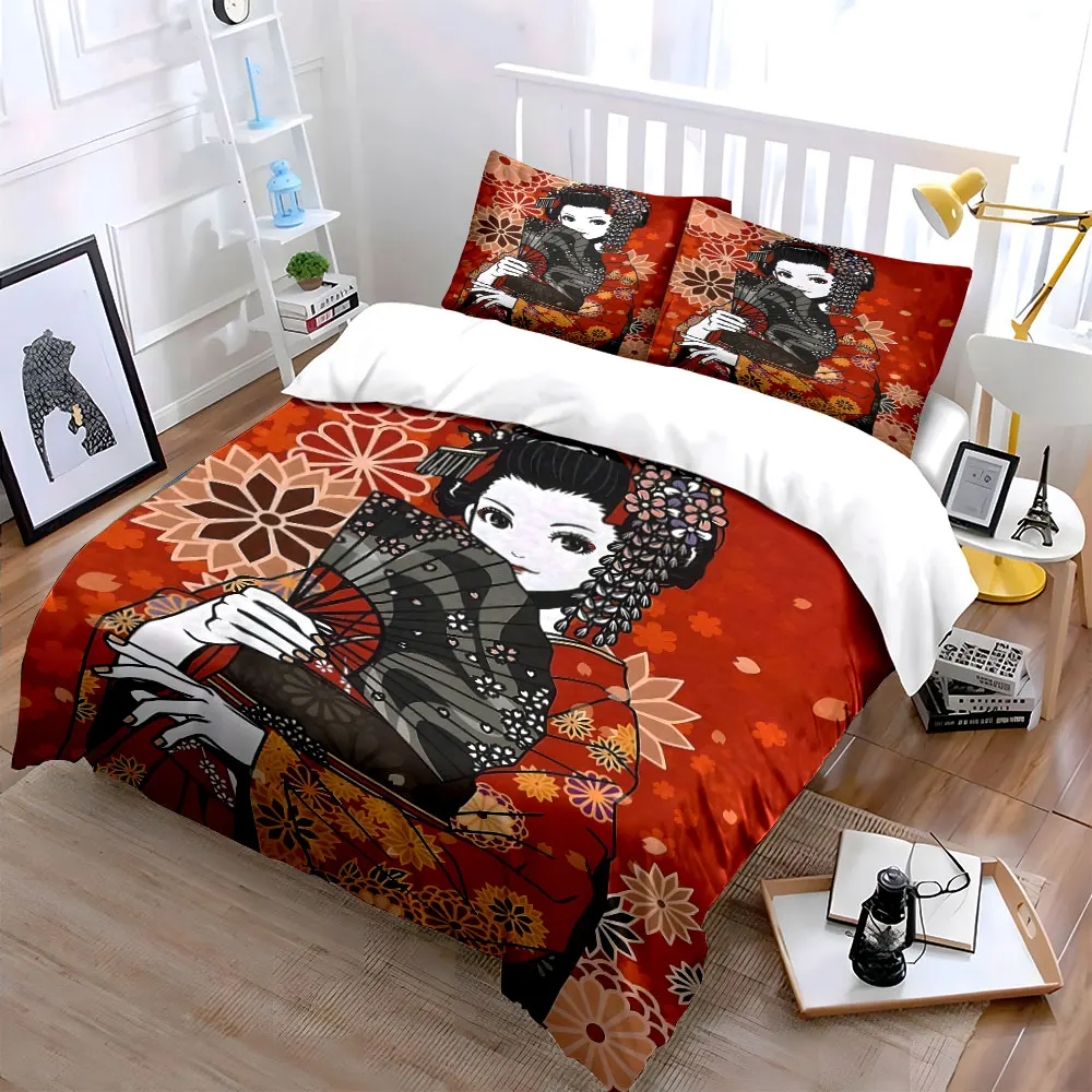 Elegant Japanese-style woman with fan Print Bedding Set 1 Duvet Cover 2 Pillowcases for Adult and Children Luxury Gift Full Size