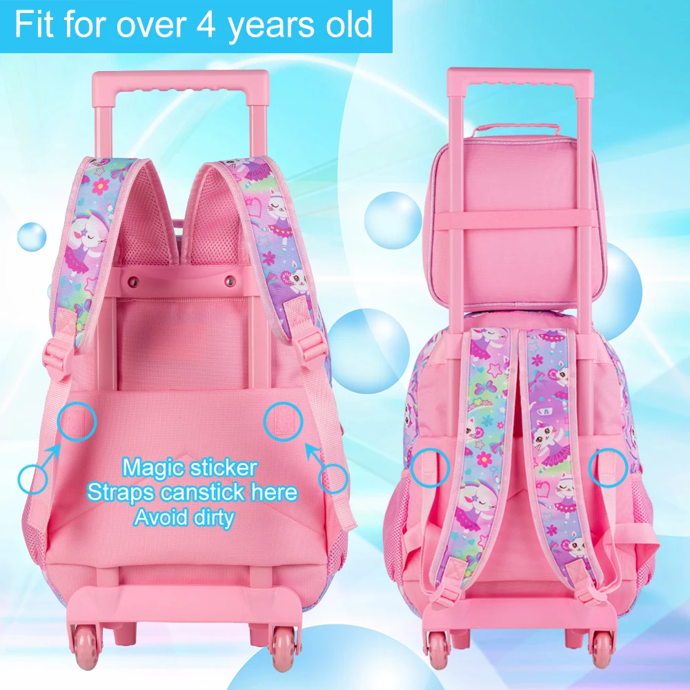 4PCS Kids Rolling Backpack for Girls, Cute Cat Sequin Wheeled Bookbag, Pink Roller School Bag with Wheels for Elementary