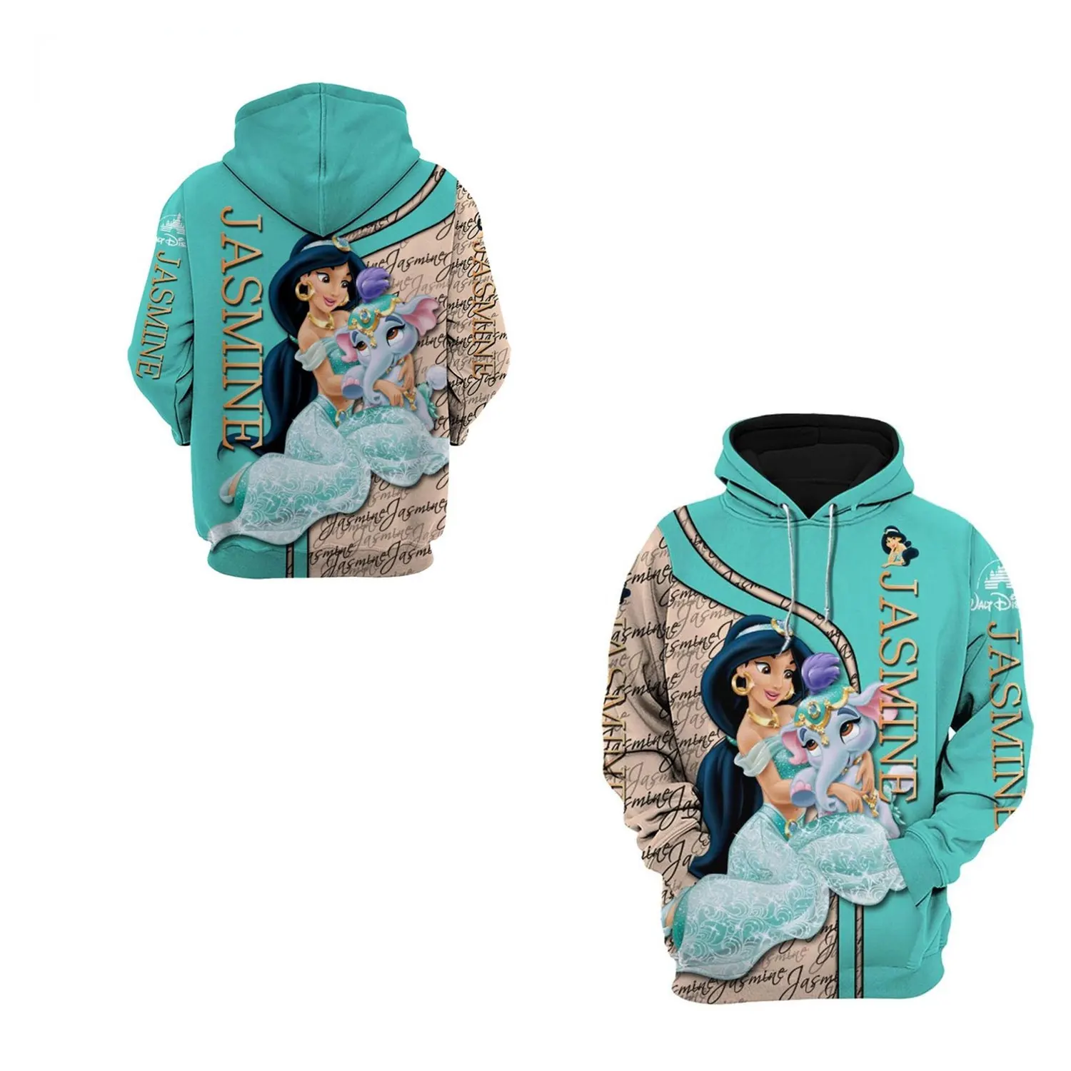 2024 Spring and Autumn New Style Princess Jasmine Disney 3D Hoodie Men's Zipper Hoodie Women's Street Casual Sports Pullover