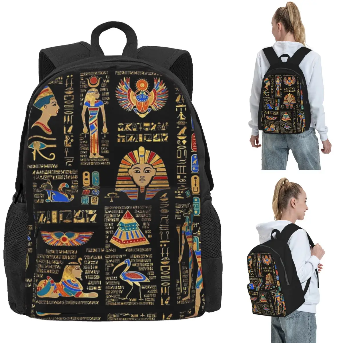 Ägyptische Hieroglyphen und Gottheiten auf schwarzem Rucksack, Tagesrucksack, große Kapazität, Kinder-Büchertasche, Schultasche, Umhängetaschen für Männer und Frauen