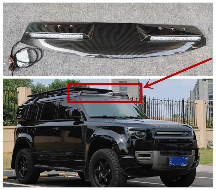 For Land Rover Defender 90 110 2020 2021 2022 2023 Front Top Roof Wing Lip Tail Trunk LED Spoilers Real Carbon Fiber