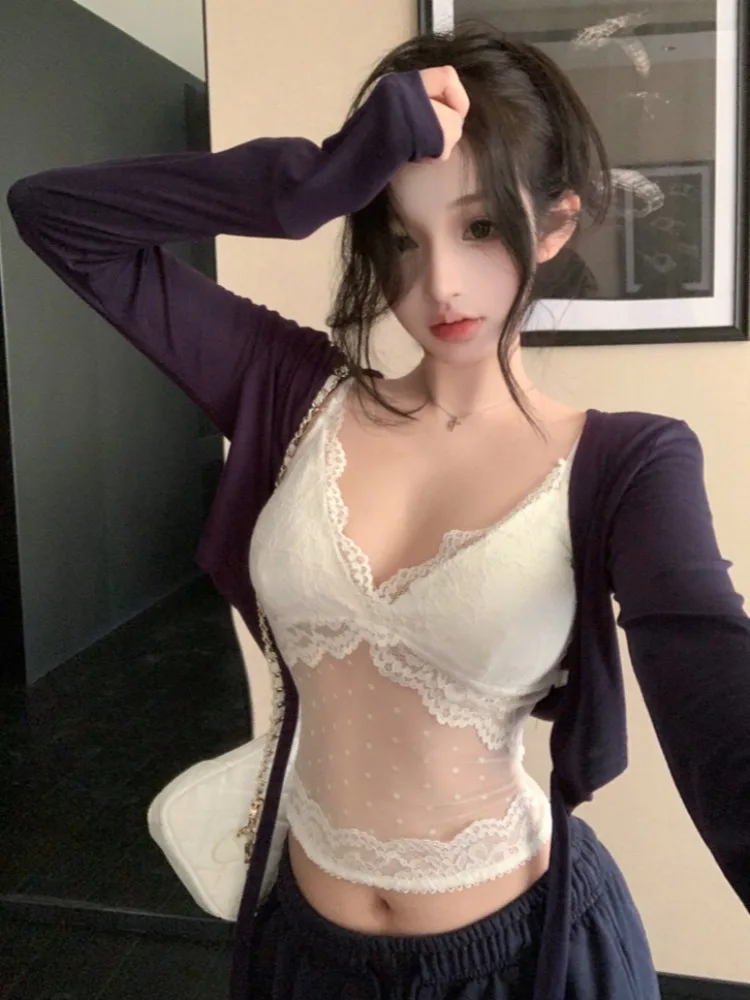 

Pure Desire Sexy V-Neck Lace Patchwork Strap Vest Women's Spring Autumn Long Sleeve Belted Open Cardigan Two-Piece Set Top