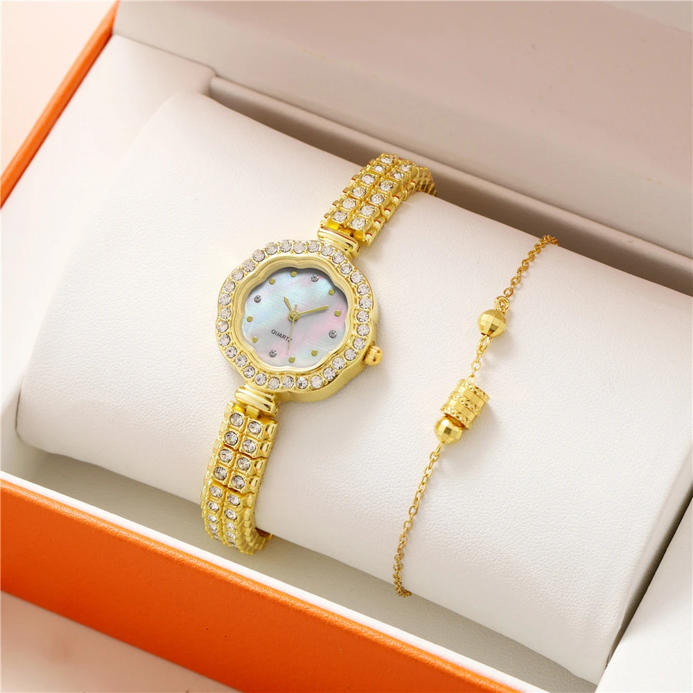 

Luxury Gold Ladies Brand Watch Fashion Flower Type Seashell Surface With Diamonds Dial Design Women Quartz Watches Bracelet