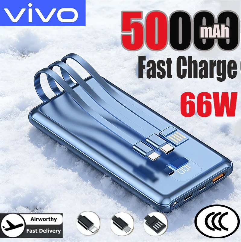 

Внешний аккумулятор VIVO 50000 мАч, 66 Вт, сверхбыстрая зарядка, ультратонкий, со встроенными 3 кабелями для iPhone и Samsung