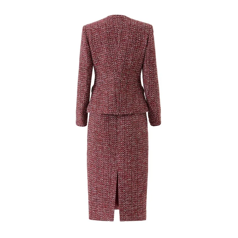 Women Red Tweed 2-Piece Suit Set O-Neck Jacket Back Slit Midi Skirt Office Formal Business Outfit