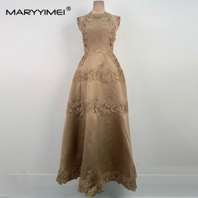 MARYYIMEI Stitched Beaded Flower ceremonial Dress Halter Neck Sleeveless Waist Long Dress 2026 Autumn Fashion Women's New Style