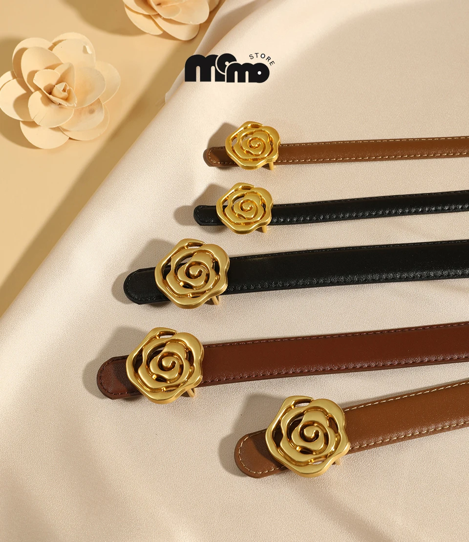

Luxury Women's Belt Rose Belt Fashion Skinny Belts Classic Leather Lady Belt Gold Metal Buckle Decorative Belts with Dress Jeans