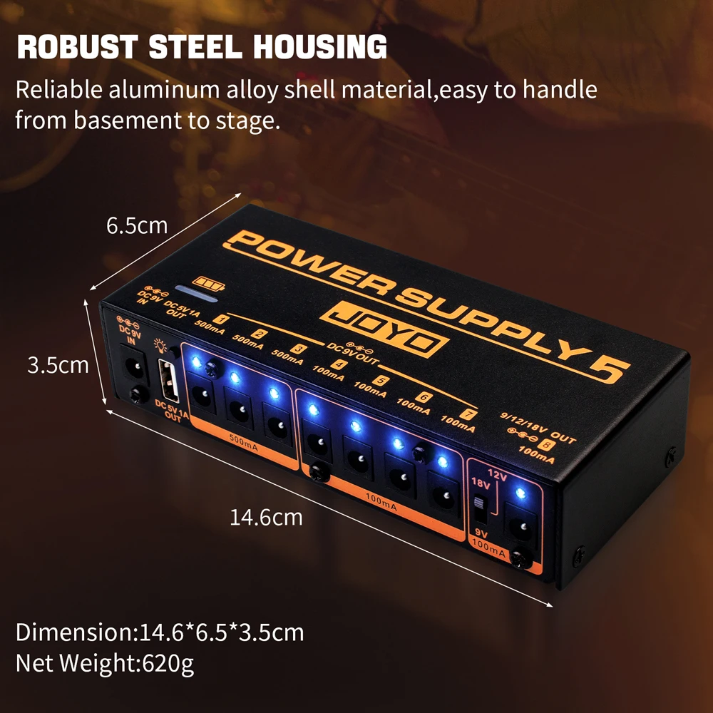 JOYO JP-05 Alimentatore per pedale effetti per chitarra Batteria ricaricabile da 4400 mAh 8 uscite CC isolate 9 V 12 V 18 V Alimentazione effetti