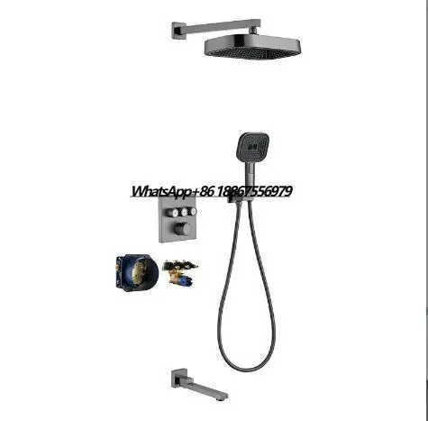 3 Ways Gray Solid Brass High Pressure Embedded in Wall Bathroom Concealed Douche Brass Bathroom Shower Set with Tub Spout