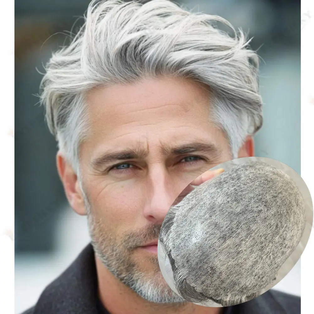 Grau 1B80 1b50 Schwarz Natürlicher Haaransatz Herren-Toupet Echthaar Dunkelbraun Unsichtbar Vollhaut-PU Super Langlebiges Haarsystem für Männer – Detail 1
