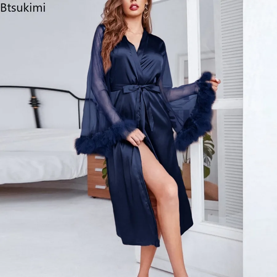 Imitation Silk Feather Long Sleeve Pajamas for Women Simulation Silk Pajamas Nightgown Robe Comfortable Homewear Clothing Female