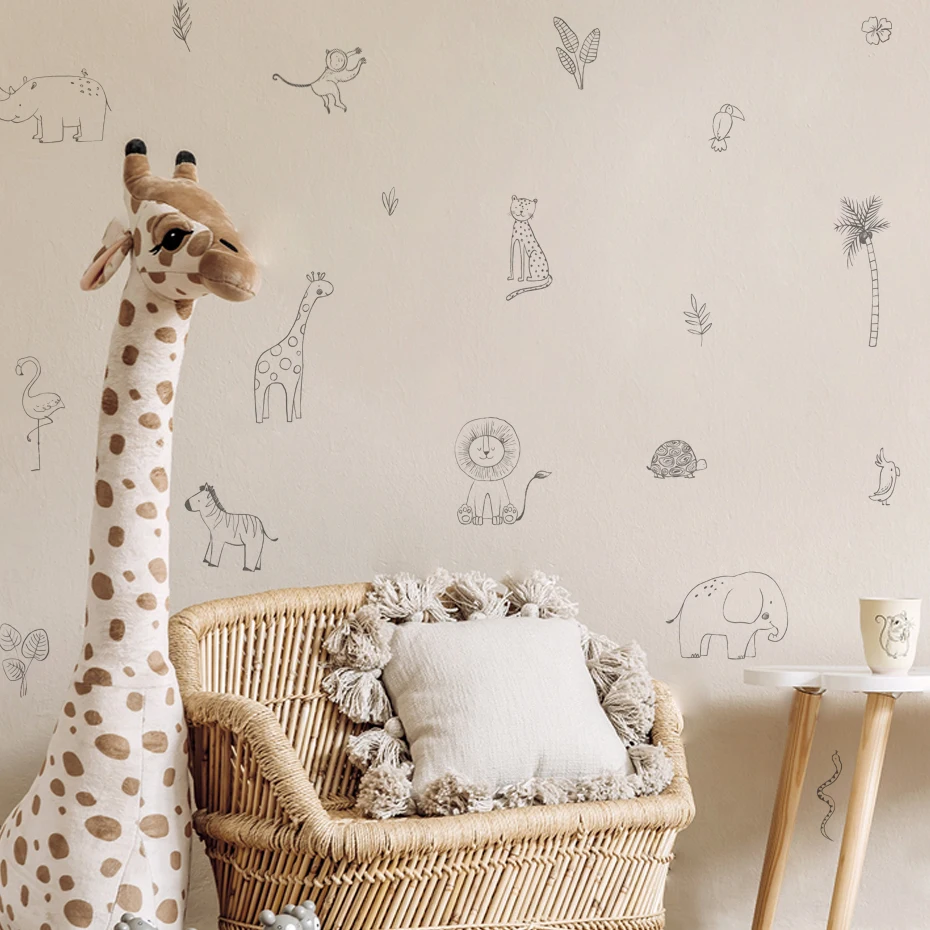 Cartoon Boho Animals Elephant Giraffe Wall Stickers for Kids Room Baby Nursery Room Wall Decals Bedroom Home Decorative Sticker