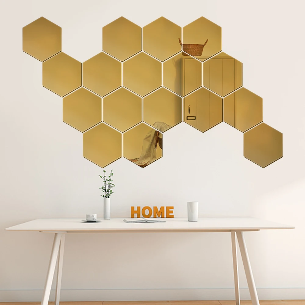 12PCS Mirror Wall Sticker Self-adhesive Hexagon Modern Acrylic Honeycomb Reflect Mirror Wallpaper Bedroom DIY Art Wall Decor