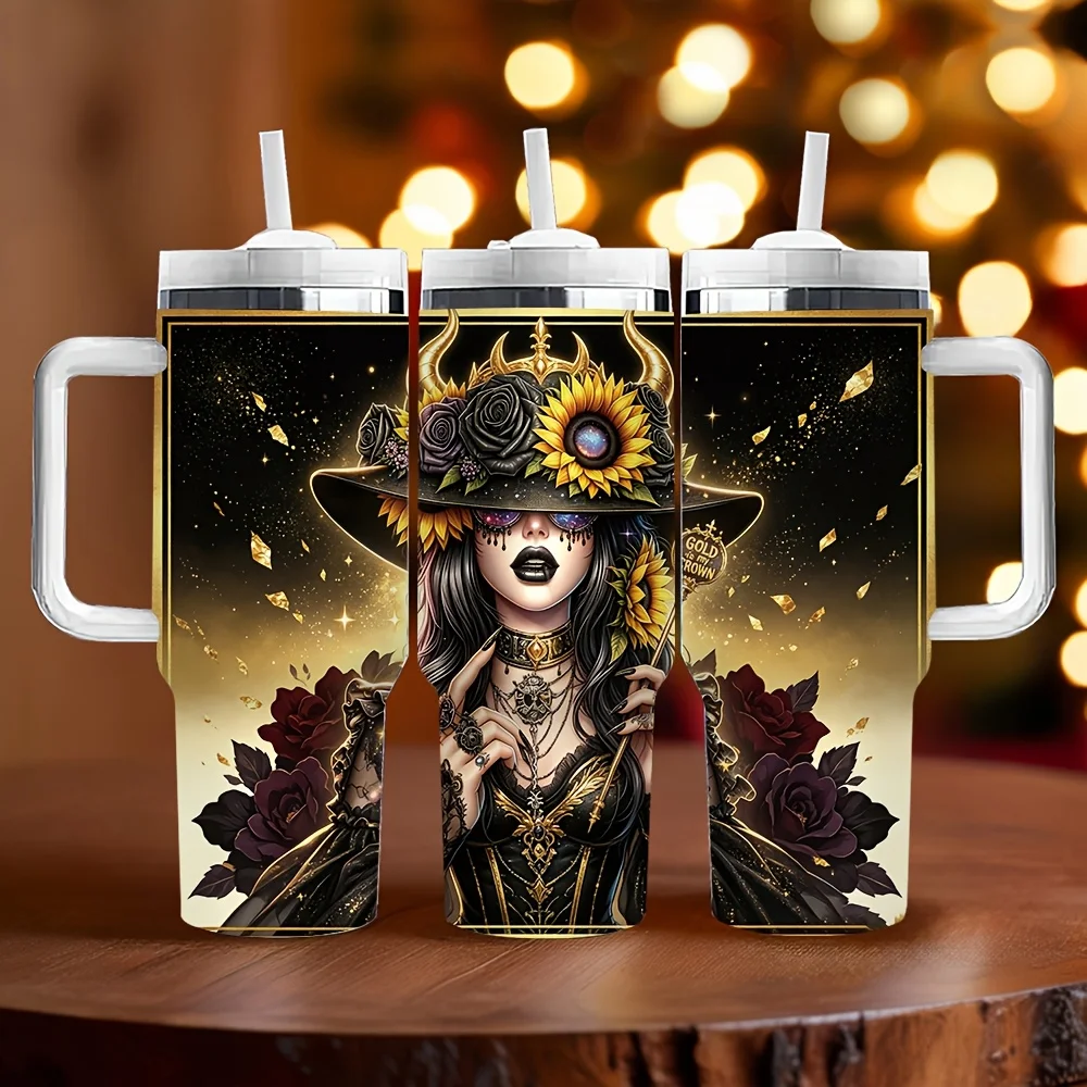 40Oz Insulated Tumbler with Handle, Printed with Gothic Witch Sunflower And Rose, Perfect As Holiday Birthday Gift, Suitable for Daily Use And Outdoor Scenes, with Long-Lasting Heat Preservation, for Halloween