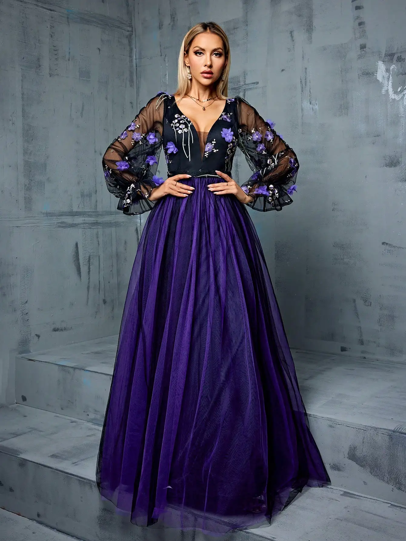 MGIACY คอวีเซ็กซี่สามมิติดอกไม้เย็บปักถักร้อยสีตาข่ายกระโปรงใหญ่