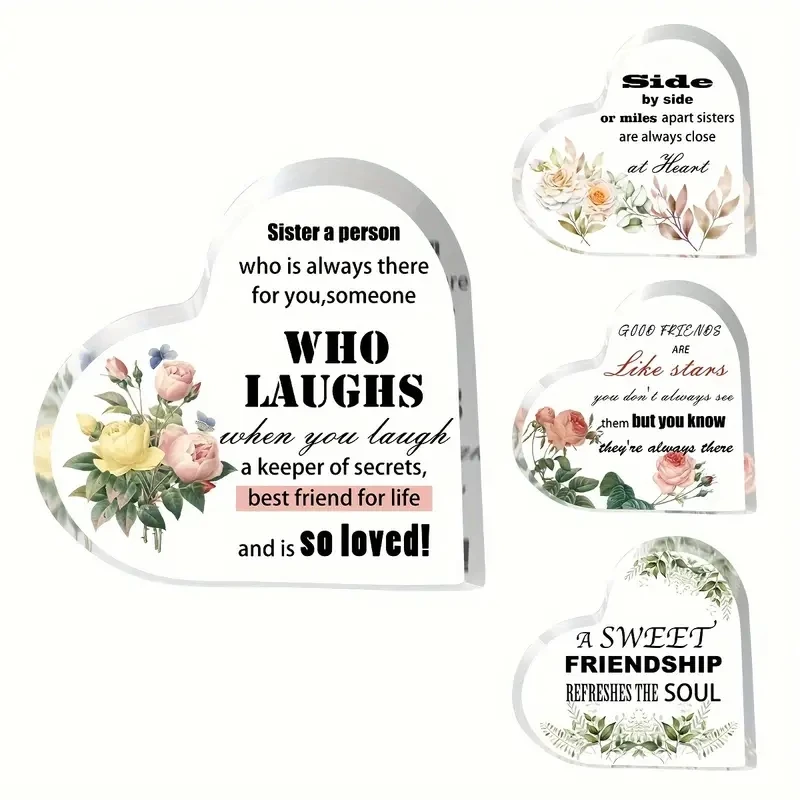 

Flowers Print Acrylic Heart Plaque Friendship Birthday Gift for Her Him Sister Friends Living Room Kitchen Desktop Decoration