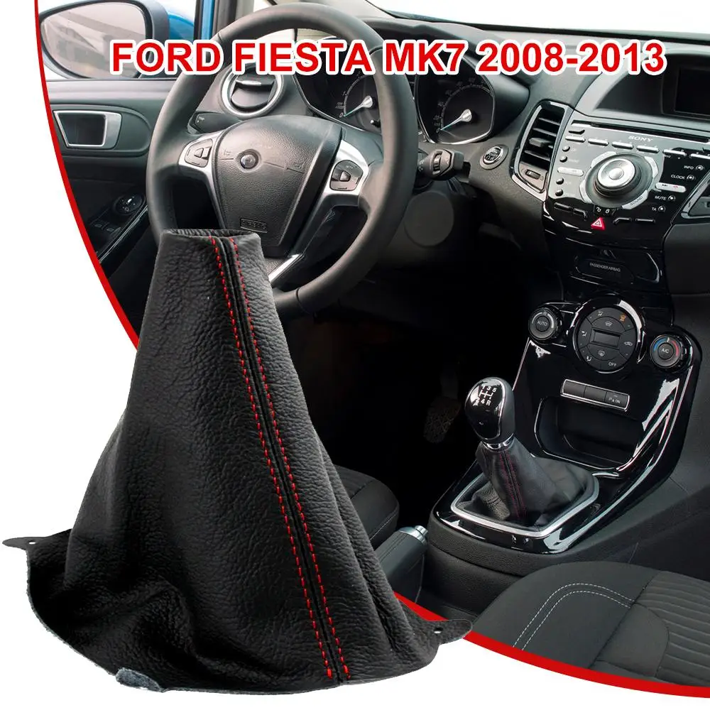 1pcs Red Stitching Black Genuine Leather Gear Knob Cover Suitable For Ford Fiesta Seventh Generation 2008-2013 Models