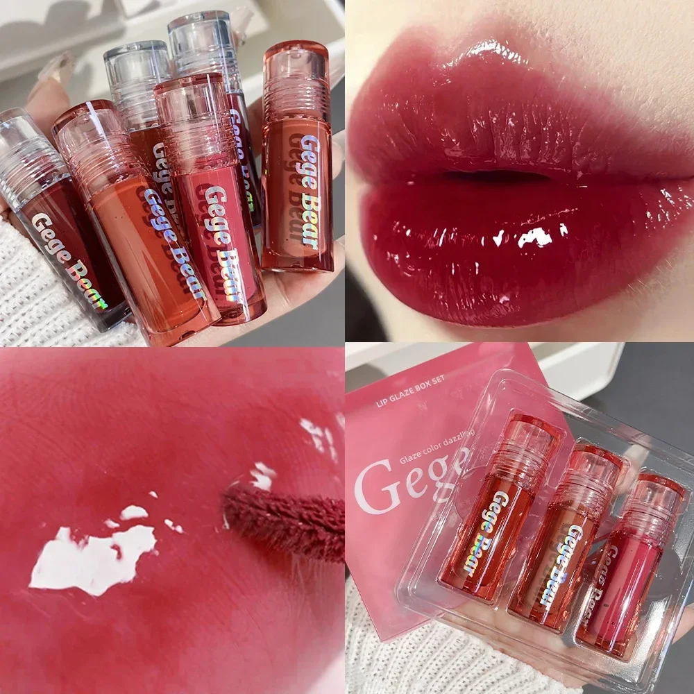 Non-stick Cup Jelly Mirror Lip Gloss Water Light Lasting Liquid Lipstick 3PCS/set Moisturizing Red Juice Lips Makeup Cosmetics