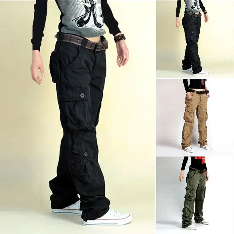 Womens Cargo Pockets Work Casual Trousers Loose Cotton  Combat Baggy Pants view 3