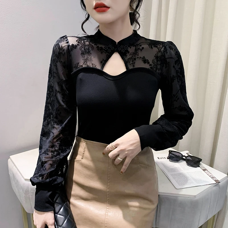 Fall Winter Vintage Clothes T-Shirt Fashion Sexy Hollow Out Stand Collar Button Beads Patchwork Women Tops Puff Sleeve Tees 9284