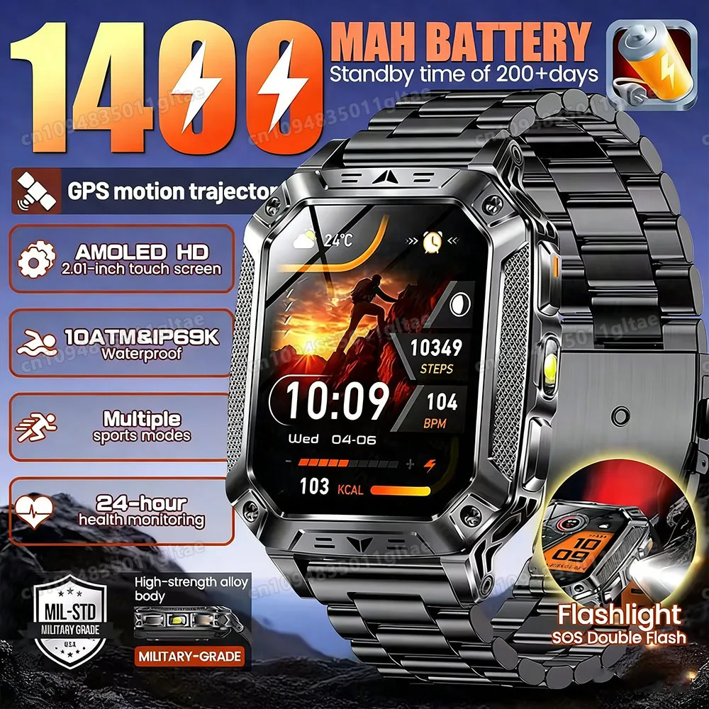 Smartwatch da Uomo con Batteria Grande da 1400mAh, GPS, Torcia, Impermeabile 10ATM, Chiamate Bluetooth, Display AMOLED HD, per Sport all'Aperto AT-1282