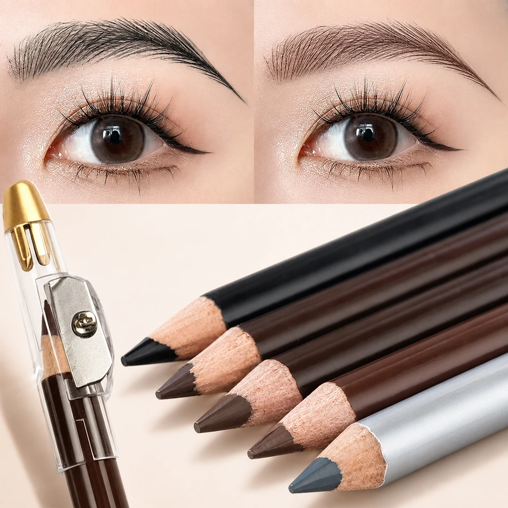 Wooden Eyebrow Pencil Easy Coloring Smooth Makeup Multi-Use Beard Edge Hairline Black Dark Brown Eyeliner Pencil With Sharpener