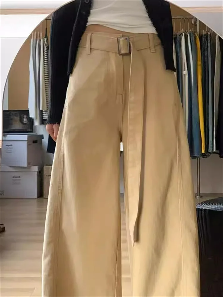 ارتفاع الخصر واسعة الساق الكاكي الدينيم الجينز المرأة عادية فضفاض صالح الطابق طول السراويل الخريف جديد Sle تنوعا حجم كبير #1