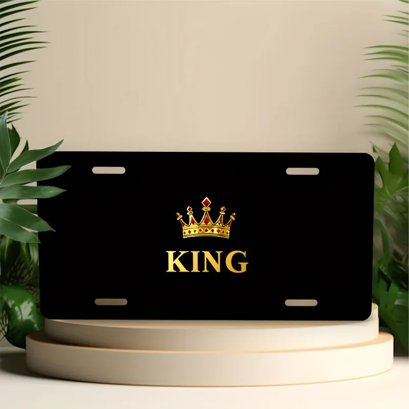 2D Flat - 1pc 2D Flat Posters with a Golden Crown 'King' Aluminum License Plate Cover And Frame , Standard Size 15.24X30.48 Cm -