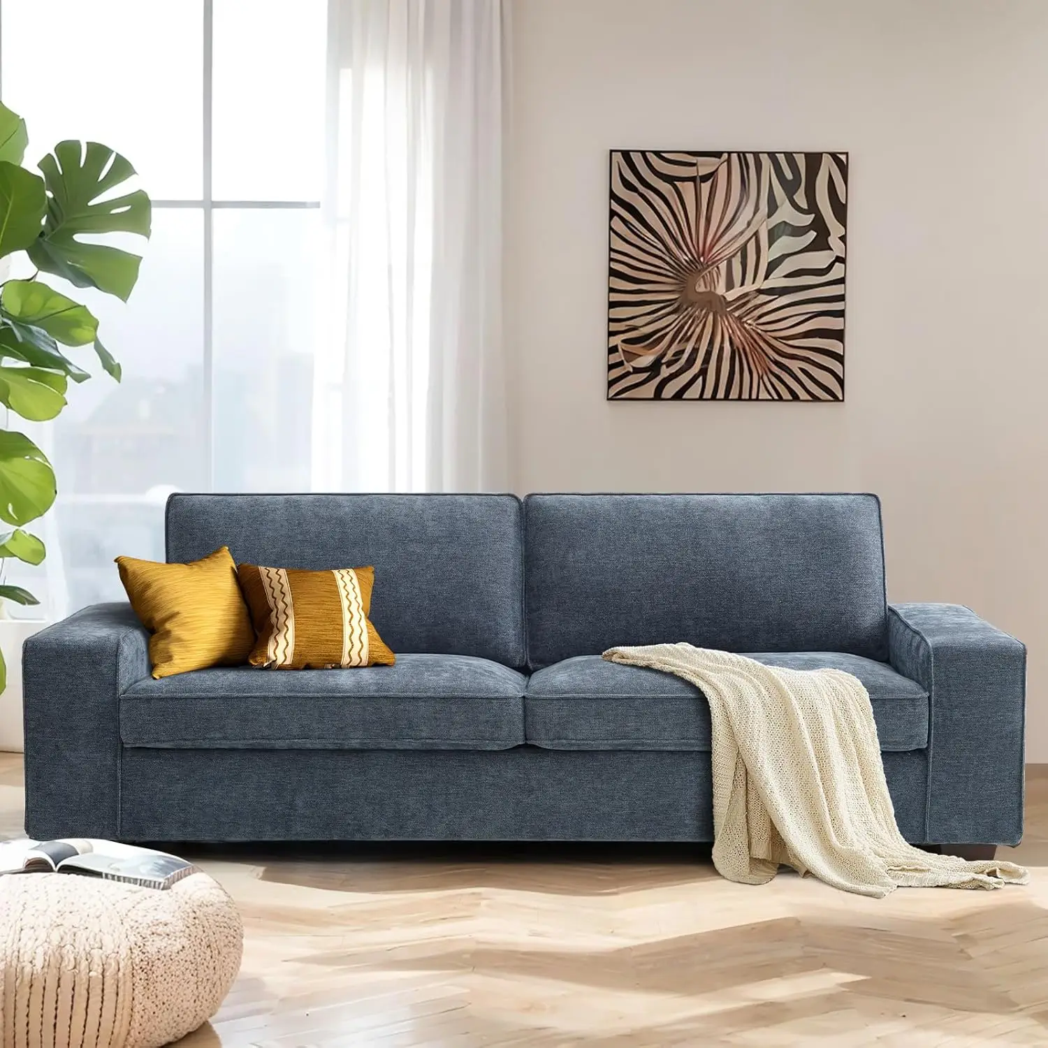 

88.58" Modern Sofas Couches for Living Room, 3-seat Comfy Chenille Couch with Solid Wood Frame, Removable Low-Back Sofa Cushion