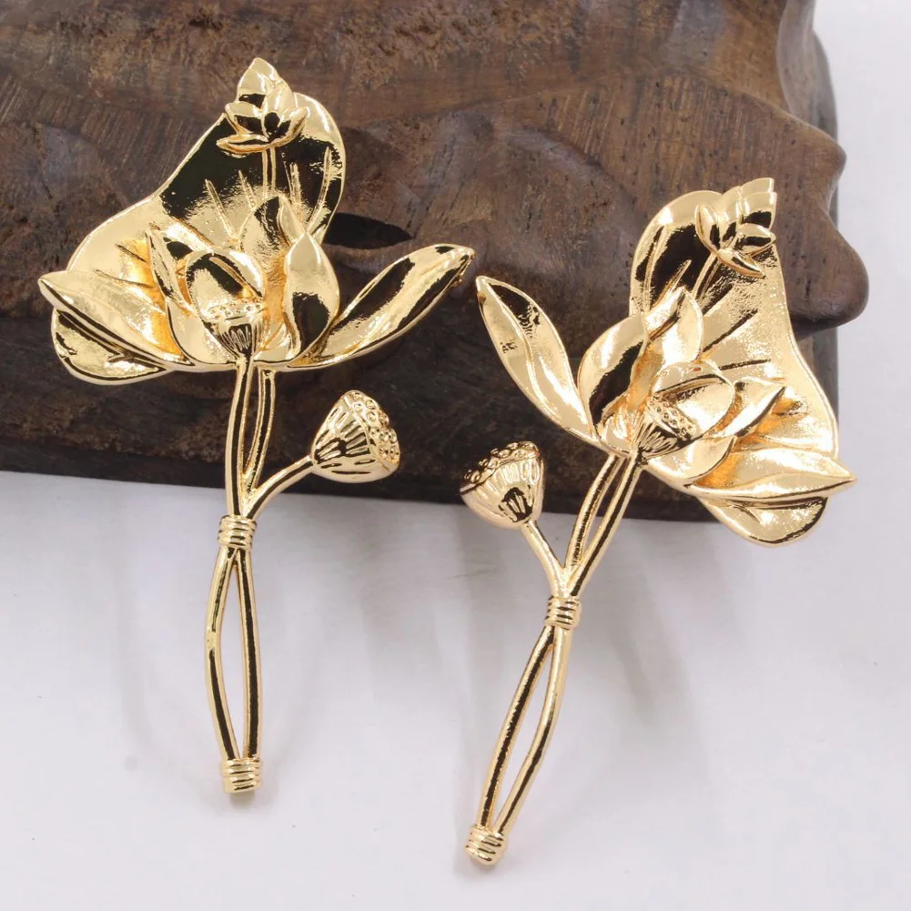 4pair Brass Casted Lotus Flower Branch Pendant with Loops Linker Connector High Quality DIY Jewelry Accessories