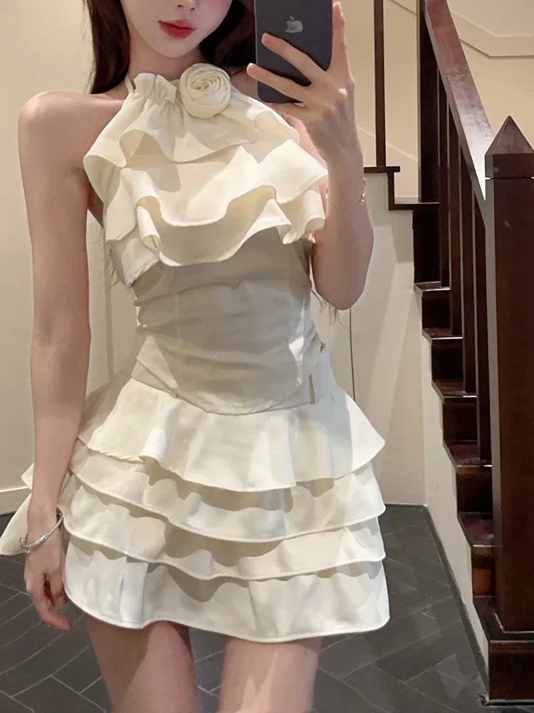 

Korean Women Casual Y2k Crop Top Vest + Mini Cake Skirts Retro 2 Piece Sets Sexy Vintage Fashion Suits Even Party Clothing