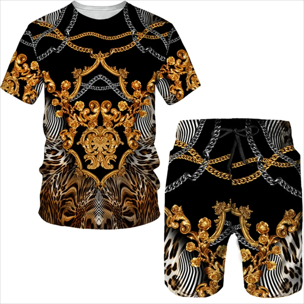 Summer 3D Printed T-shirt Shorts 2-Piece Set Casual Luxury Vintage Gold Pattern Men\'s Sports Suit 2024 Street Fashion Men\'s C