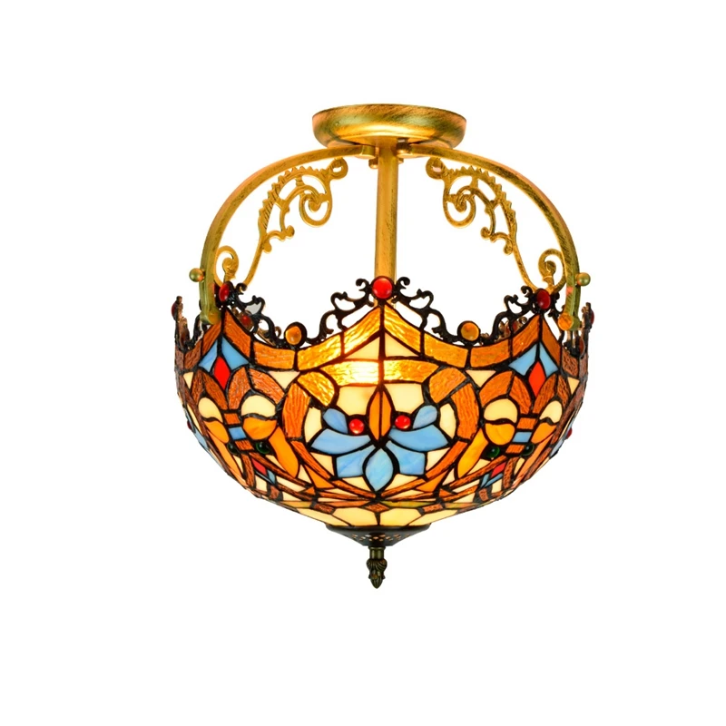 

European Style Retro Classic Warm Color Love Corridor Semi Ceiling Lamp Tiffany Stained Glass Bar Cafe Led Art Light