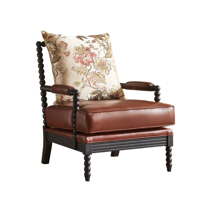 

Retro solid wood fabric single sofa, red oak chair genuine leather