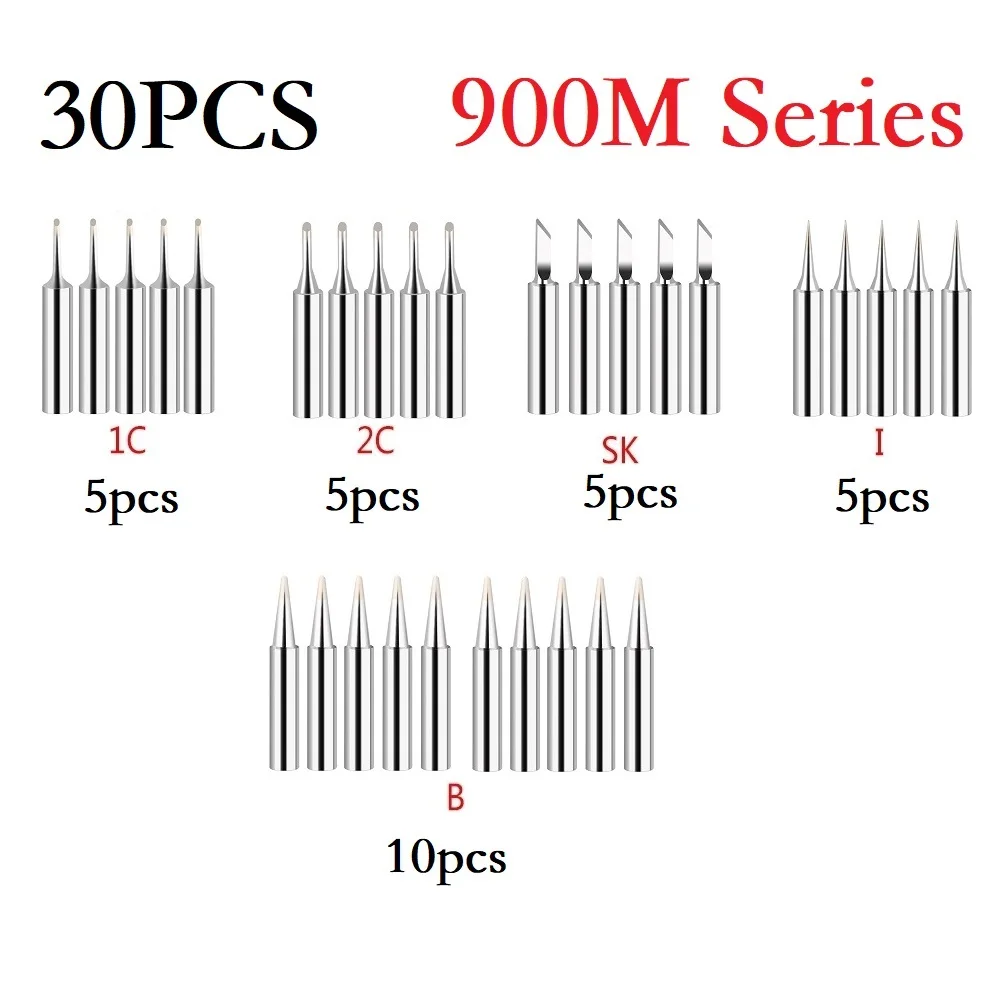 30pcs Soldering Tip Copper Inner Core Electric Iron 900M-T 1C 2C I SK B Soldering Tips CNC Metalworking Welding Guns Irons Tool