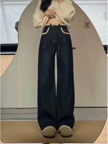 

Ретро темно-синие джинсы Thiened Fce с высокой талией, женские зимние новые узкие прямые широкие брюки Sli, большие размеры