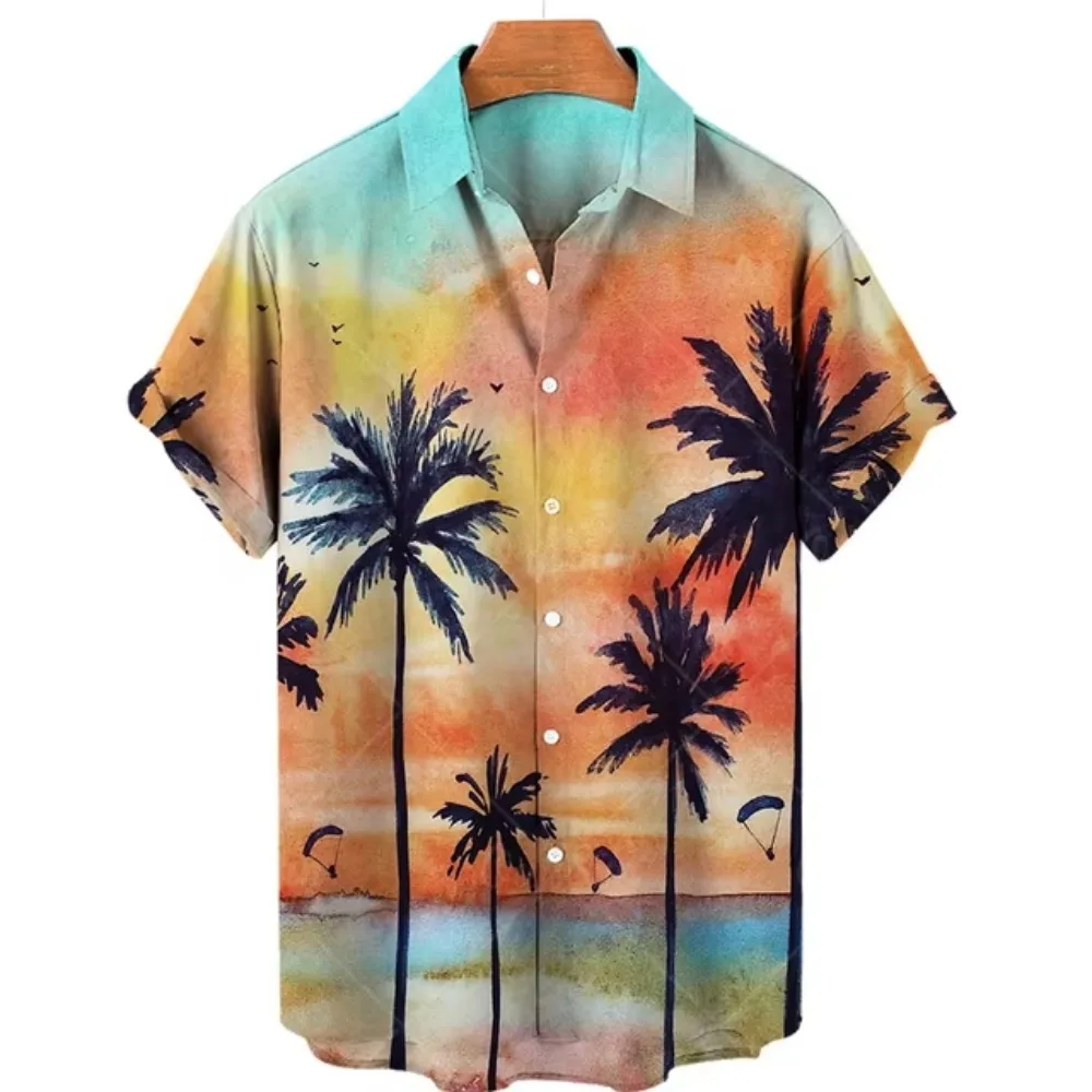 Camisa de vacaciones de estilo hawaiano de gran tamaño para hombre, camisa de manga corta con estampado gráfico de árbol de coco, Tops de Color degradado para hombre