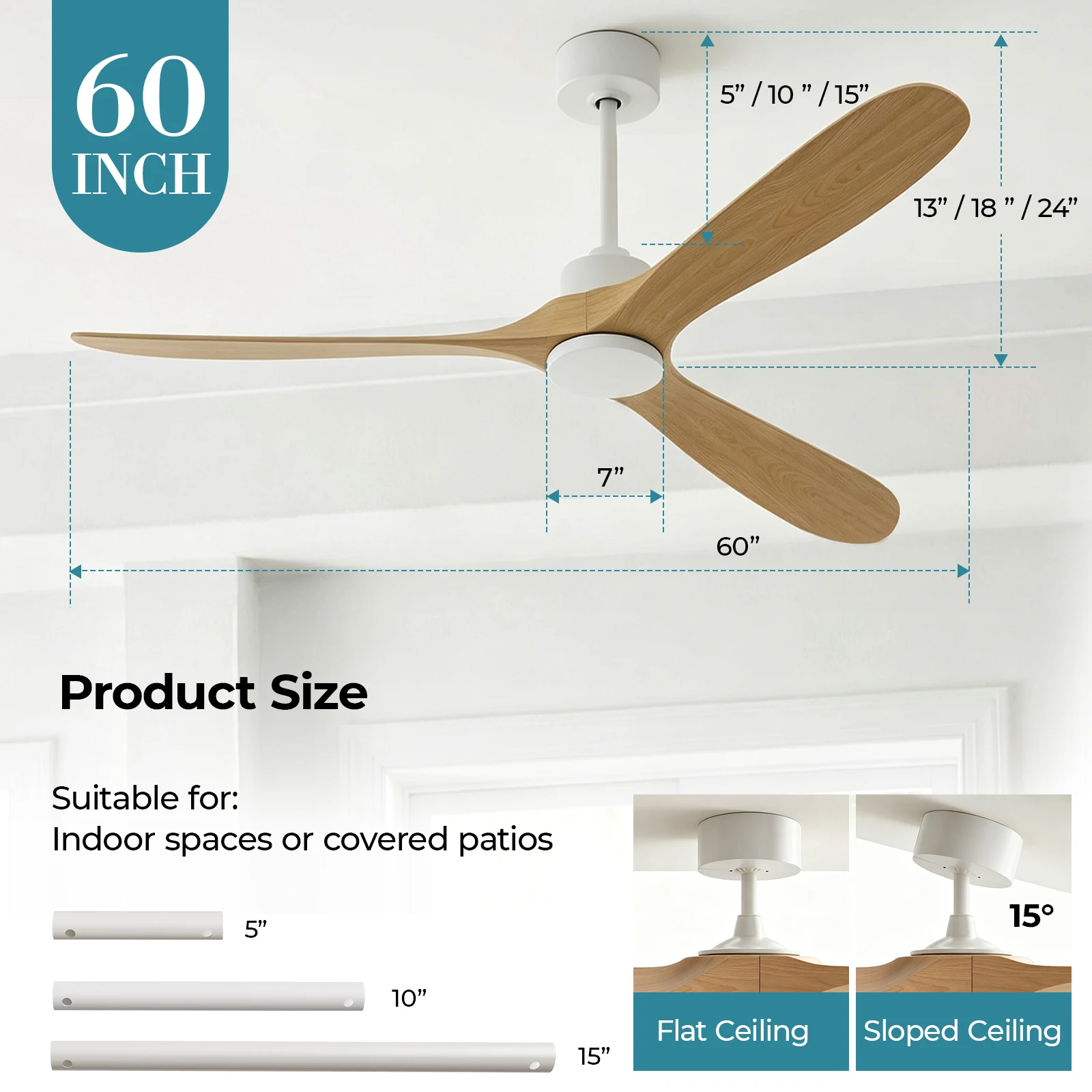 72 Inch Wooden Ceiling Fans with Lights and Smart Control, Natural App Voice Remote Control, 6 Fan Speed, Stepless Dimmable Light, Timer, Reversible Motor, Low Profile, for Bedroom Living Room