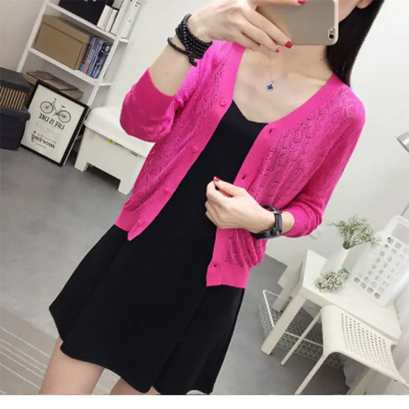 

Ice Silk Summer Women Lace Knitted Cardigans Female V Neck Half Sleeve Casual Thin Sweater Short Coat Ladies Design Loose P206