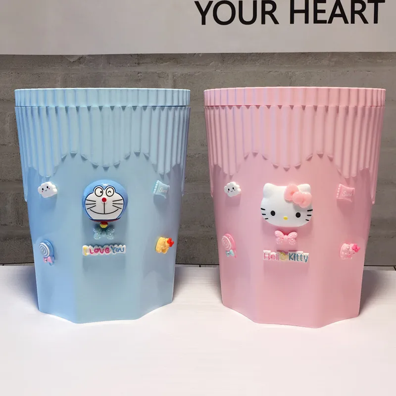 New Kawaii Sanrio Hello Kitty Garbage Can Anime Figure Wastebasket Plastic Kitchen Bathroom Living Room Bedroom Household Cute