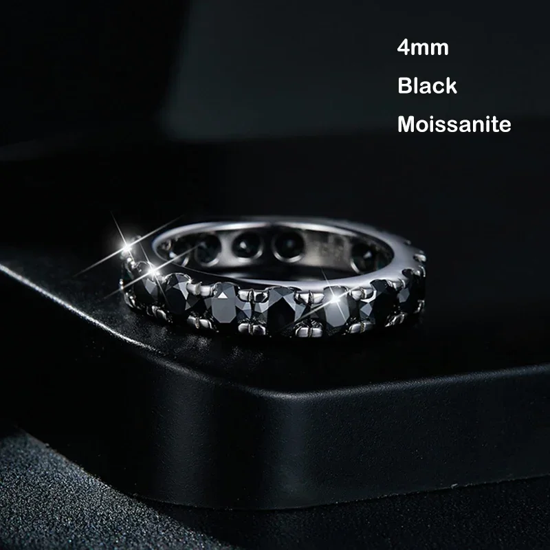 EWYA Sparkling Full 3/4/5mm D Color Black Moissanite Full Eternity Diamond Ring For Women Men S925 Silver Wedding Band Rings