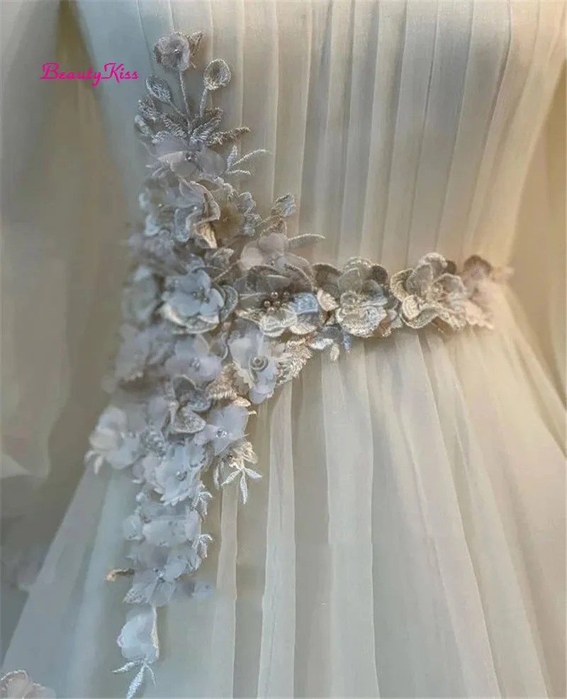 Robe de mariée trapèze drapée en Organza, manches longues bouffantes, col haut, fleurs 3D, robe formelle de mariage coréen