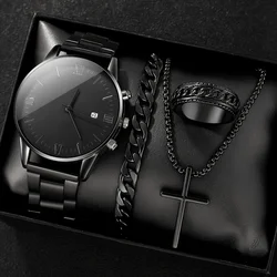 4pcs/set, Men's Simple Pointer Round Black Calendar Quartz Watch and Black Cross Pendant Necklace, Ring, Bracelet, Gift for Him