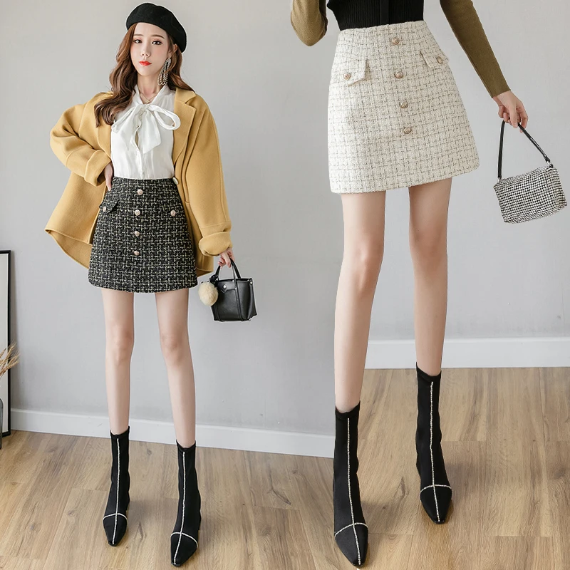 

Autumn Office Lady Wool Mini Skirt T309 Tweed Skirts for Women Vintage Plaid Weave High Waist Slimming Skirts Chic Button Skirts